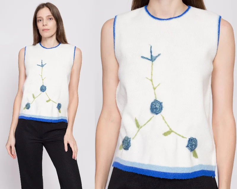 Printed sleeveless tops70s Embroidered Floral Knit Sleeveless Top - Small to Medium