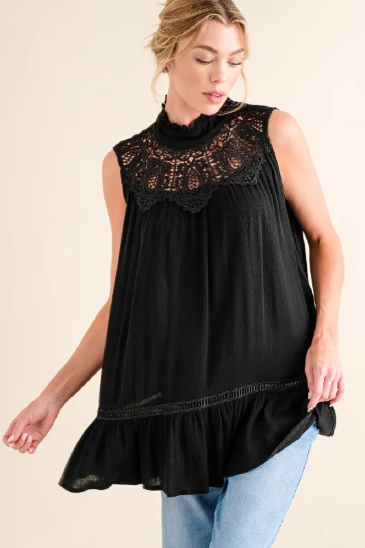 Antistatic sleeveless topAnd The Why Lace Detail Sleeveless Ruffled Top