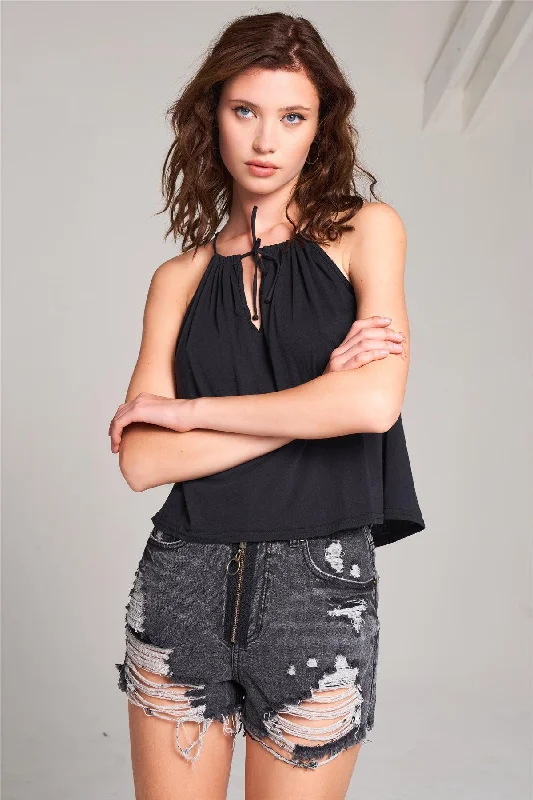 Sleeveless vestsBlack Sleeveless Halter Neck Self-Tie Front Drawstring Loose Fit Top