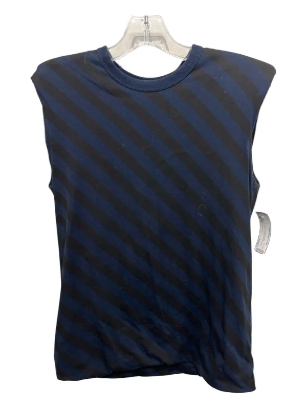 Independent Brand sleeveless topsDries Van Noten Size S Navy & Black Cotton Striped Sleeveless Shoulder Pads Top