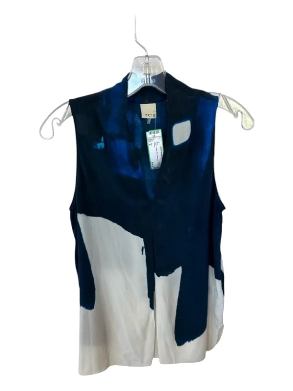 Ruffle sleeveless topsEcru Size S Blue & Cream Silk Sleeveless Tie Dye Top