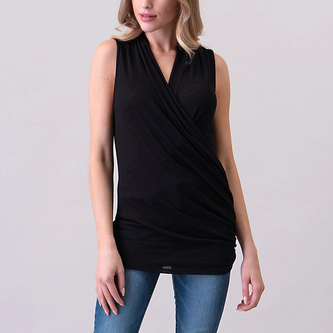 Windproof sleeveless topsHeimious Sleeveless Surplice Ruched Knit Top