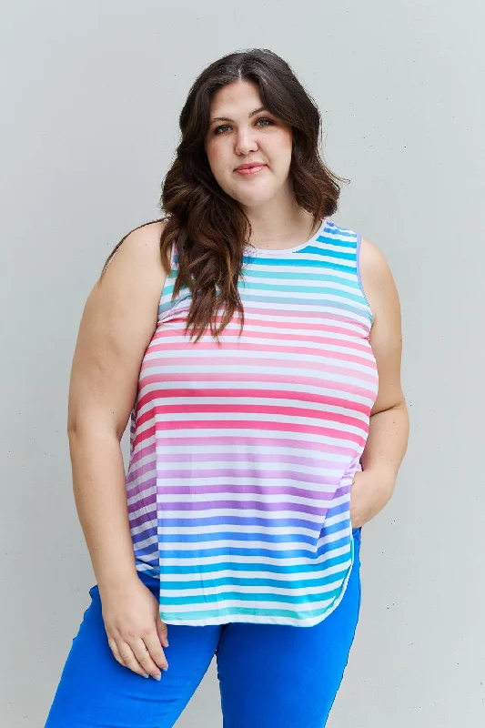 Denim sleeveless topsHeimish Love Yourself Full Size Multicolored Striped Sleeveless Round Neck Top