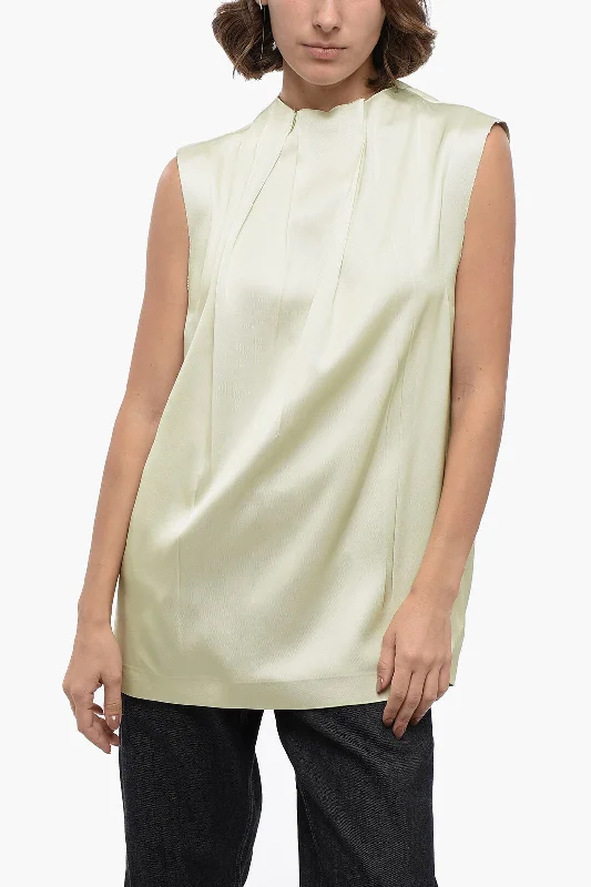 Casual sleeveless topsJil Sander Sleeveless Silk Blend Blouse With Pleated Design