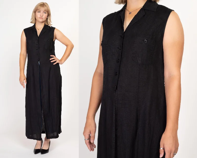 Thick sleeveless topsLarge 90s Black Linen Sleeveless Maxi Top