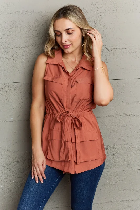 Custom sleeveless topsNinexis Follow The Light Sleeveless Collared Button Down Top