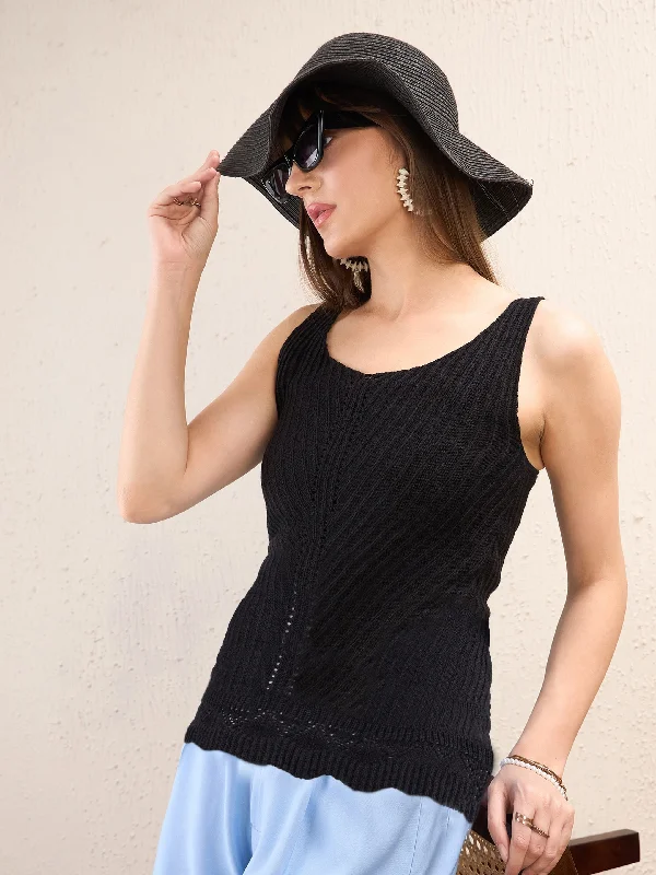 Sleeveless shirtsWomen Black Scoop Neck Sleeveless Crochet Top