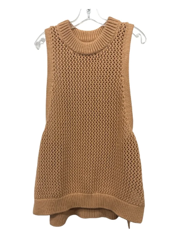 Silk sleeveless topsTibi Size L Tan Cotton Blend Open Knit Crew Neck Sleeveless Side Slits Top