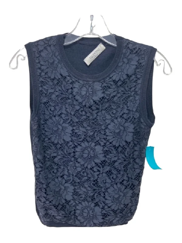 Navel-baring sleeveless topValentino Size S Navy Wool Blend Floral Lace Sleeveless Ribbed Trim Top