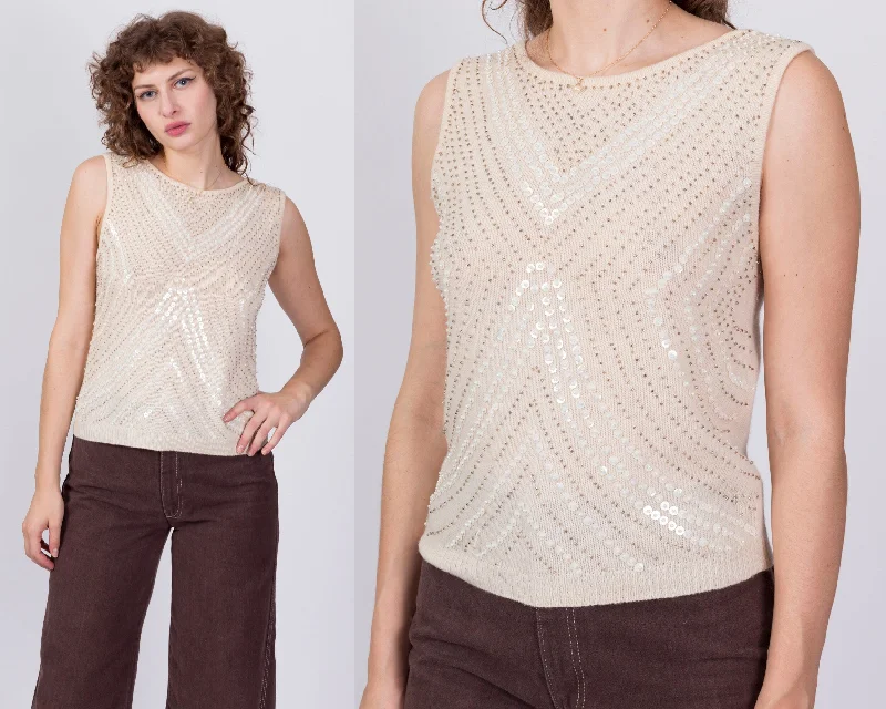 Breathable sleeveless topVintage 60s Style Beaded Sleeveless Knit Top - Medium