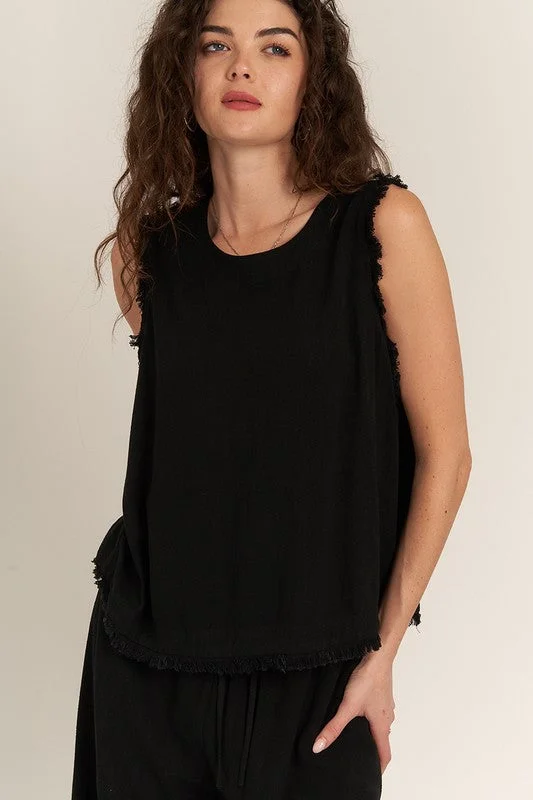 Spliced ​​sleeveless topsBlack Back Button Detail Sleeveless Top