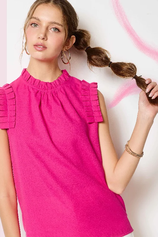 Polyester sleeveless topFuchsia Ruffled Neck Sleeveless Top