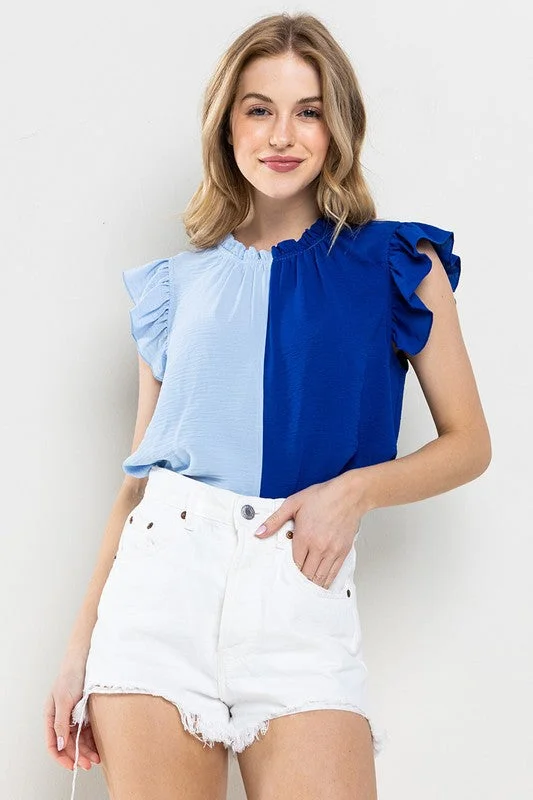 Independent Brand sleeveless topsLt Blue/Blue Game Day Ruffle Sleeveless Woven Blouse Top