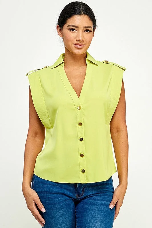 Antistatic sleeveless topLime Sleeveless Top With Collar And Button Placket