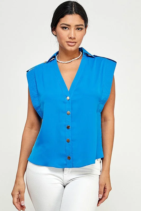 Summer sleeveless topsCerulean Blue Sleeveless Top With Collar And Button Placket