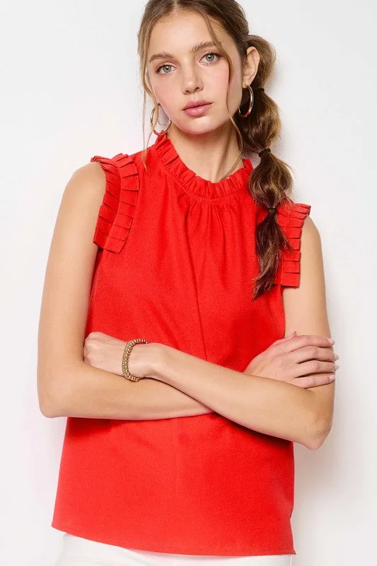 Chiffon sleeveless topsTomato Red Ruffled Neck Sleeveless Top