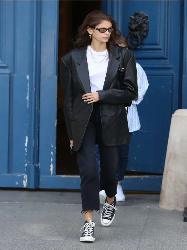 BlazerpatternKaia Gerber Black Casual Leather Blazer