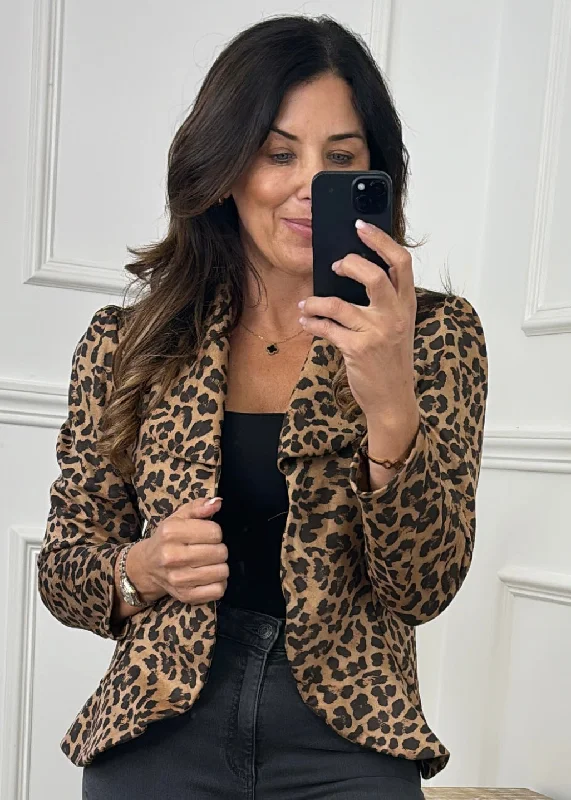 BlazervirtualAlyssa Brown Leopard Lapel Blazer