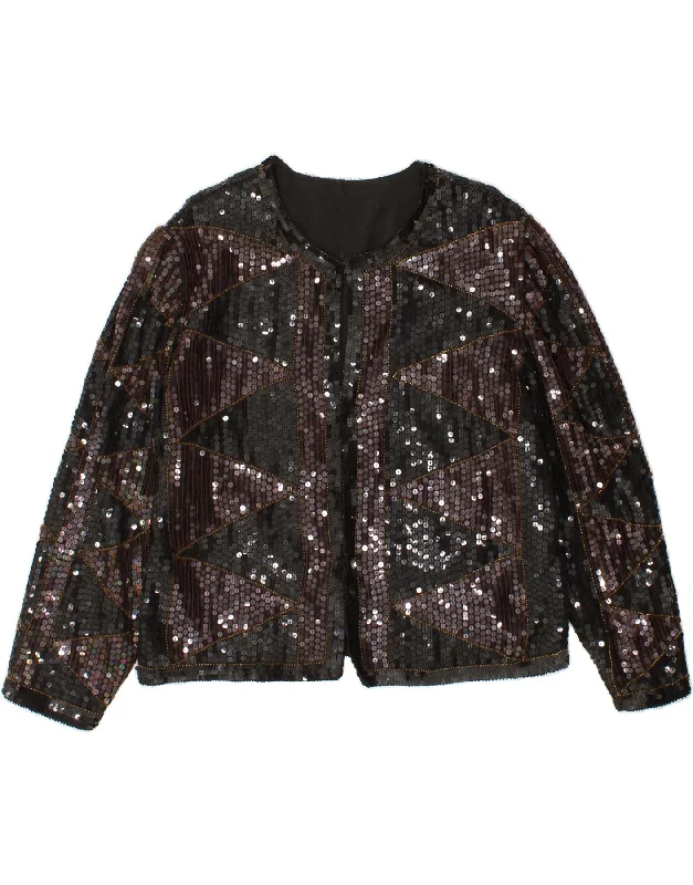 BlazerplayoffVINTAGE Womens Sequin Blazer Jacket UK 14 Large Black Viscose